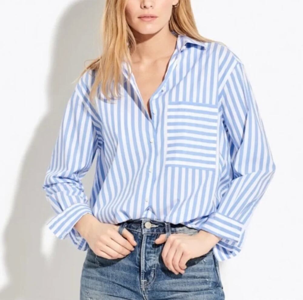AYR The Deep End Cotton Button Down Striped Shirt Blue White Medium
